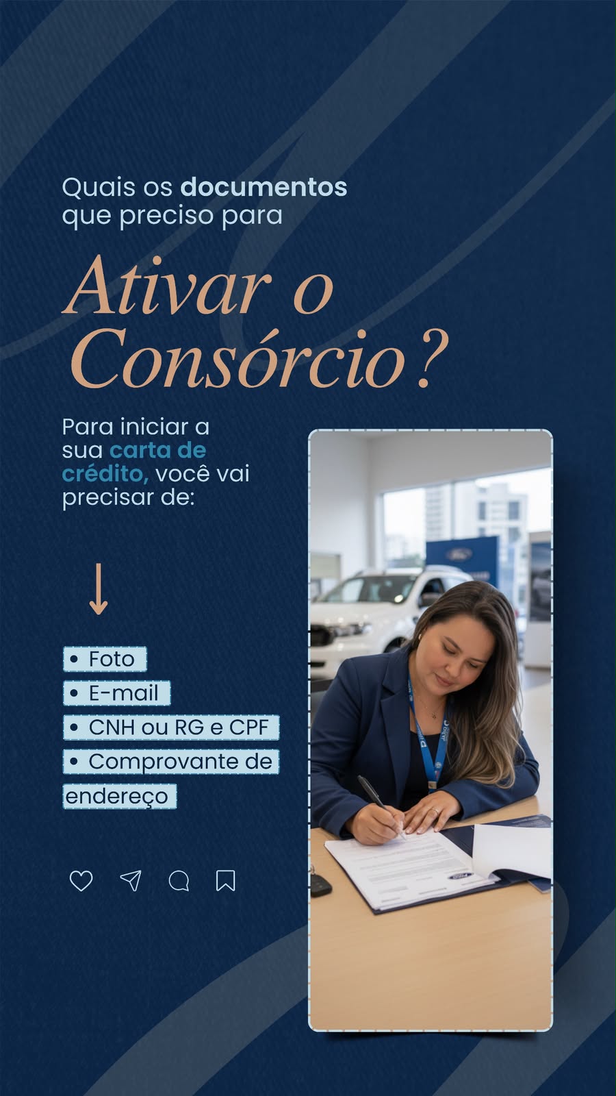 Arte de Jéssica Reis explicando documentos para ativar o consórcio